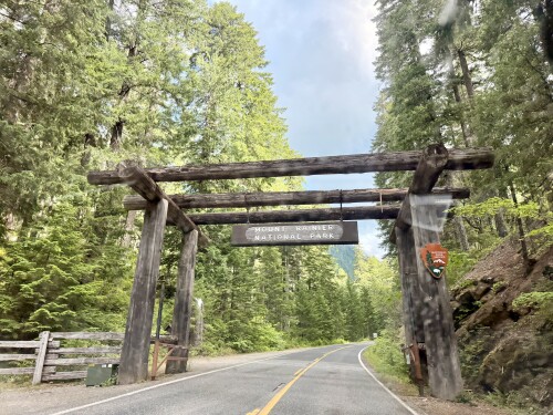 A weathered wooden pergola structure spans across a curved forest road with yellow center lines, surrounded by dense green trees and blue sky.