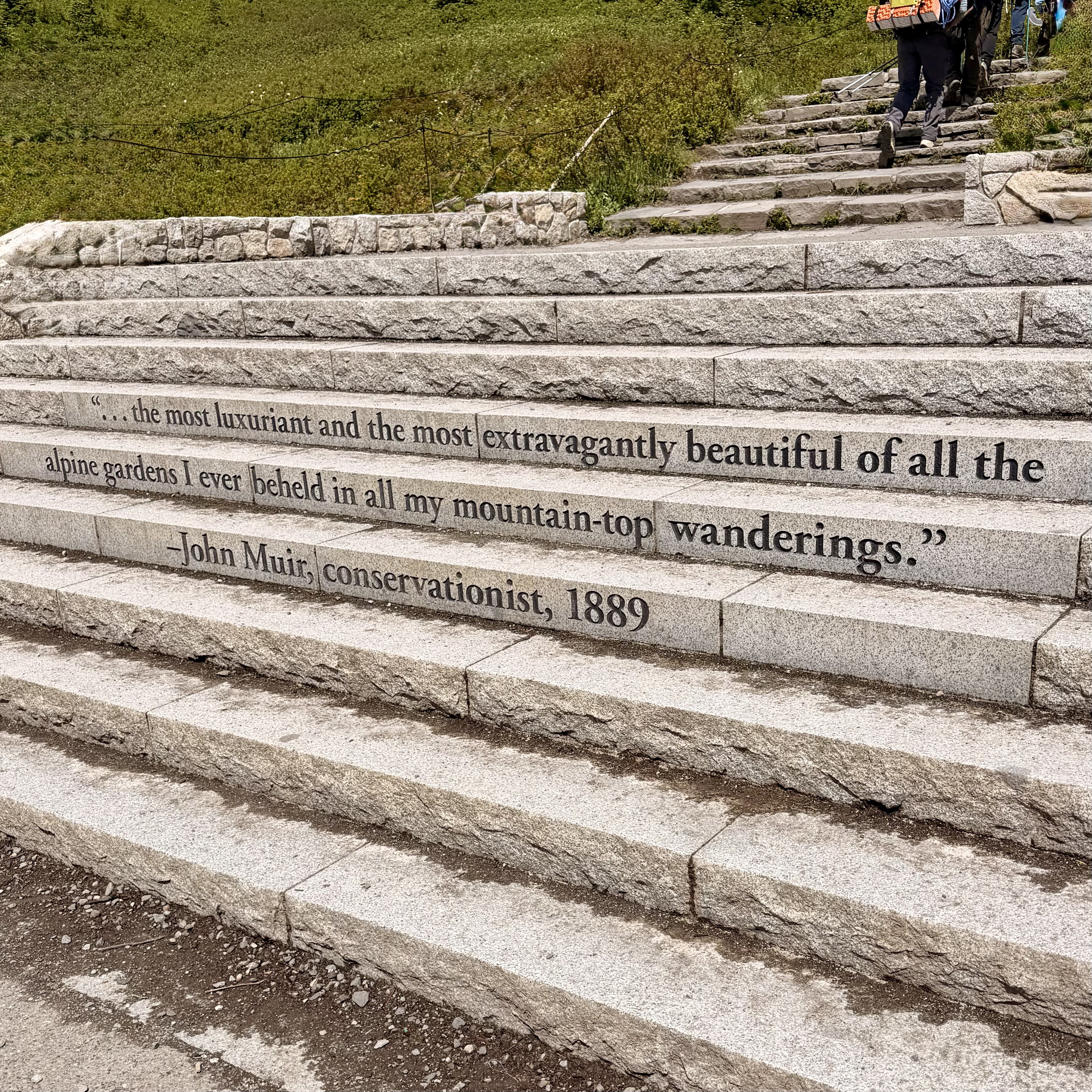 Stone outdoor steps with an engraved quote by naturalist John Muir from 1889 praising alpine gardens as the most beautiful he had encountered.