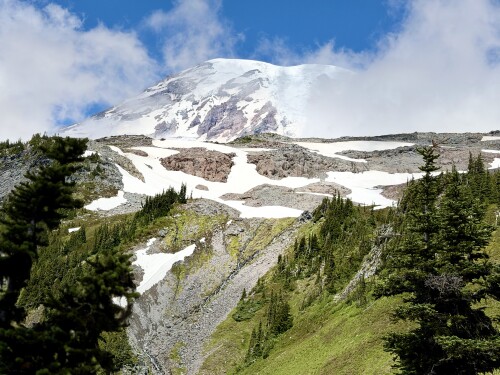 A snow-capped volcanic mountain rises above a forested valley dotted with patches of white snow and green evergreen trees under a partly cloudy blue sky.