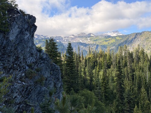 Rocky mountain peak with dense coniferous forest and snow-capped peaks visible in the distant background under a partly cloudy sky.